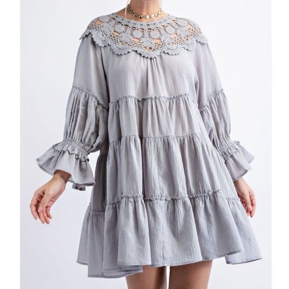 Easel Crochet Lace Gauze Ruffled Oversized Pleated Dress In Sky Blue. NWT! Sz S - Picture 1 of 8